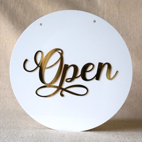 Round 10x10 inch open closed signboard for shop, office, or business, made of durable acrylic in golden and white for a premium look.