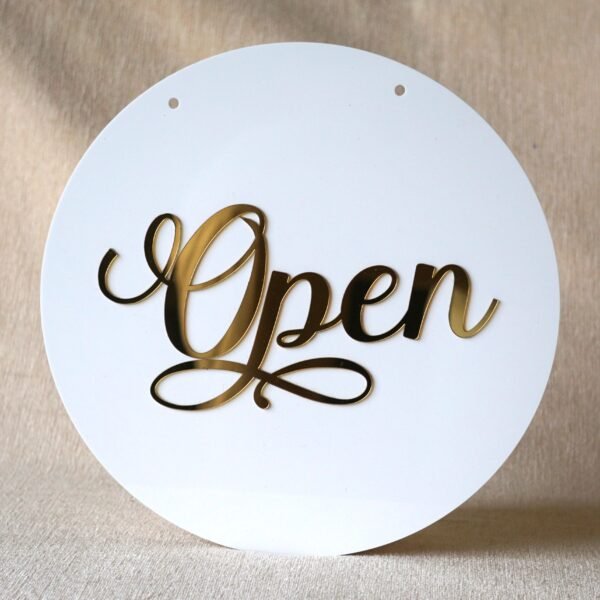 DSC07988 Round 10x10 inch open closed signboard for shop, office, or business, made of durable acrylic in golden and white for a premium look.