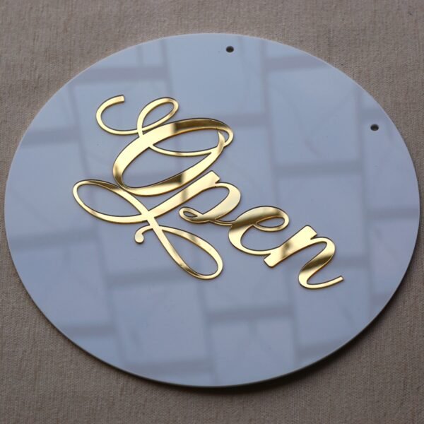 DSC07990 Round 10x10 inch open closed signboard for shop, office, or business, made of durable acrylic in golden and white for a premium look.