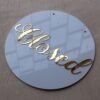 Round 10x10 inch open closed signboard for shop, office, or business, made of durable acrylic in golden and white for a premium look.