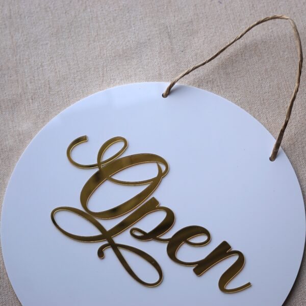DSC07997 Round 10x10 inch open closed signboard for shop, office, or business, made of durable acrylic in golden and white for a premium look.